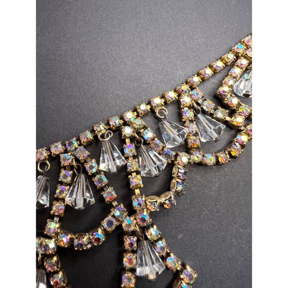 Vintage AB Rhinestone Bib Necklace Clear Glass Dangles Gold Tone - Picture 7 of 12